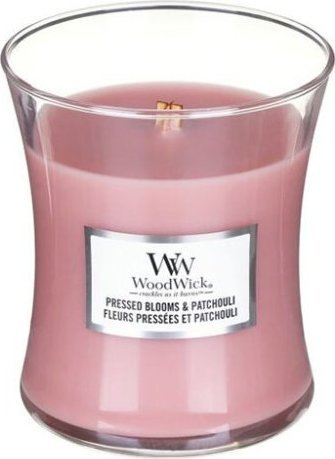 Qiri WoodWick Pressed Blooms &amp; Patchouli, medium hourglass, erë lulesh dhe patchouli, rozë