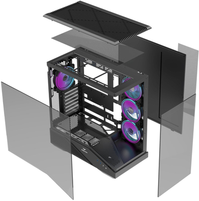 Kasa PC PREYON Nest Seaview ARGB PSV04B, ATX, xham i temperuar, e zezë