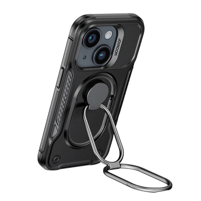 Mbrojtëse telefoni Joyroom Dual Hinge për iPhone 14 Plus, me unazë rrotulluese, e zezë