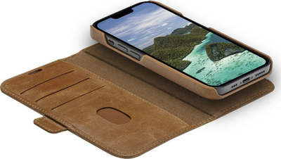 Këllëf‑portofol Dbramante1928 Lynge për iPhone 14 Pro, lëkurë natyrale, me RFID, ngjyrë kafe tan