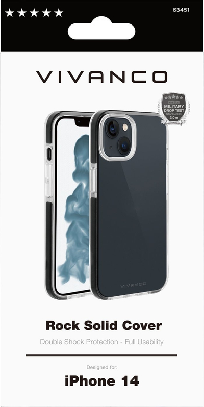 Këllëf telefoni Vivanco Rock Solid për iPhone 14, mbrojtës, transparent me të zezë