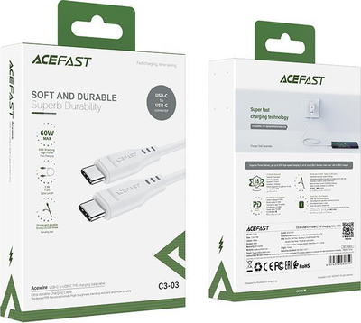 Kabllo USB C Acefast, USB C në USB C, 1.2m, 60W, e bardhë