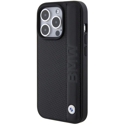 Kapak telefoni BMW Leather Textured Stripe për iPhone 15 Pro 6.1", lëkurë, i zi