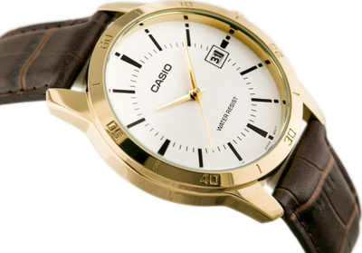 Ora dore Casio MTPV004GL-7A, lëkurë, quartz, ngjyrë ari