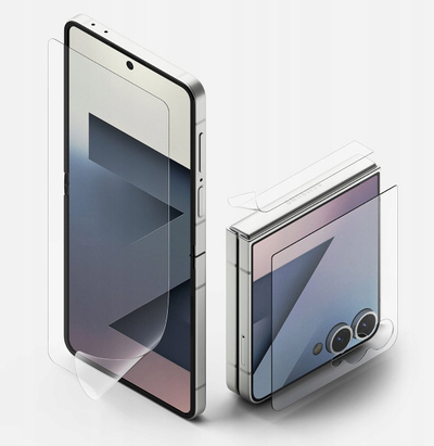 Set mbrojtës Ringke Protector Pro 3 në 1 për Samsung Galaxy Z Flip 7, xham i fortë, film vetë–rregullues, transparent