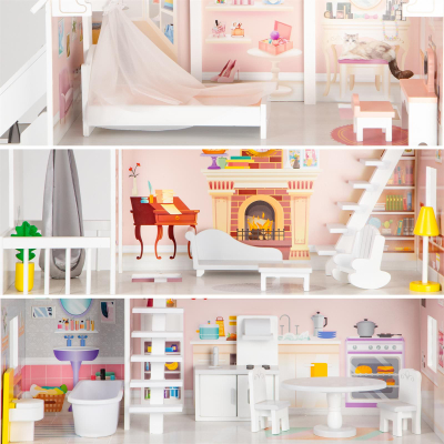 Shtëpi druri për kukulla ECOTOYS Powder Residence XXL, 3 kate, 5 dhoma, rozë