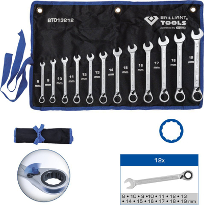 Set çelsa unazorë me ratçet Brilliant Tools BT013212, 12 copa, 8-19 mm, ngjyrë argjendtë