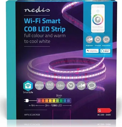 Shirit LED Nedis SmartLife COB 2m, Wi-Fi, RGB, i bardhë i ngrohtë në të ftohtë