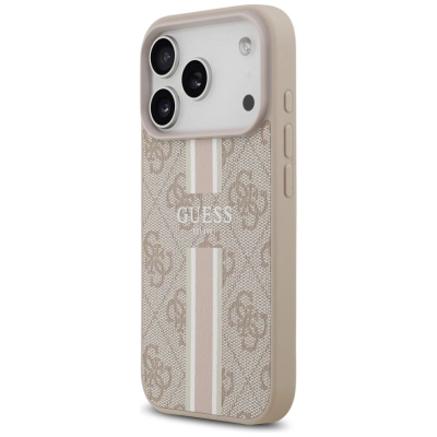 Маска за телефон Guess 4G Printed Stripes MagSafe, за iPhone 17 Pro, еко кожа, беж