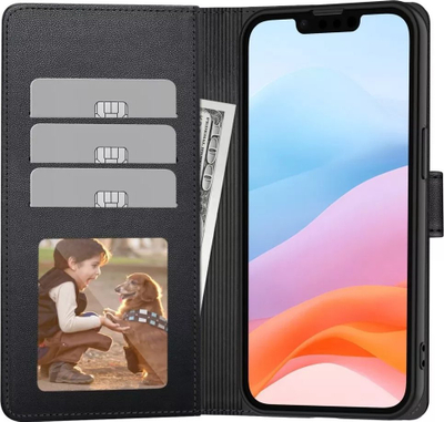 Këllëf-portofol Tech-Protect për iPhone 16e, lëkurë eko, me këmbë qëndrimi, i zi mat