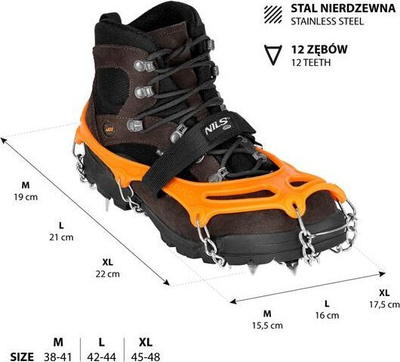 Cramponë për hiking NILS NC1717, 12 dhëmbë çeliku, madhësia XL, portokalli