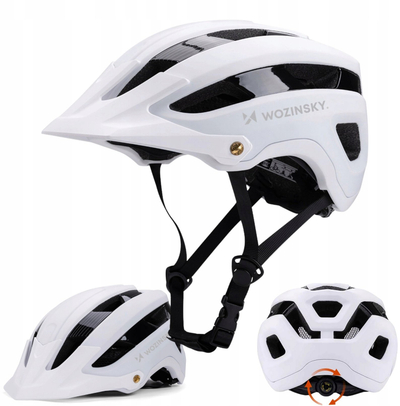Helmet biçiklete Wozinsky MTB, me strehë që hiqet, me dritë mbrapa, L, bardh e zezë