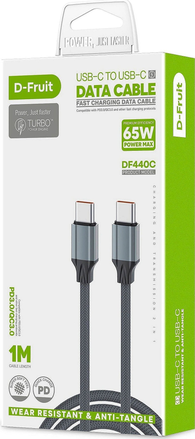 Kabllo USB C në USB C D Fruit DF440C, 1m, 65W, gri