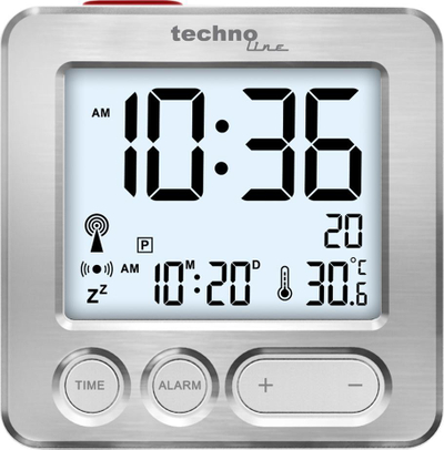 Orë alarmi Techno Line WT 265, radio kontrolluese, ekran dixhital, argjendi