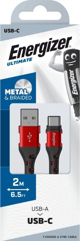 Kabllo karikimi Energizer me gërsheta, USB në USB C, e fortë, e kuqe
