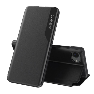 Футрола за телефон Hurtel Eco Leather View, со капак и постојалка, за iPhone 16e, црна