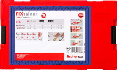 Set dublash Fischer FIXtainer DUOPOWER, 210 copë, kuti plastike, kuqe gri