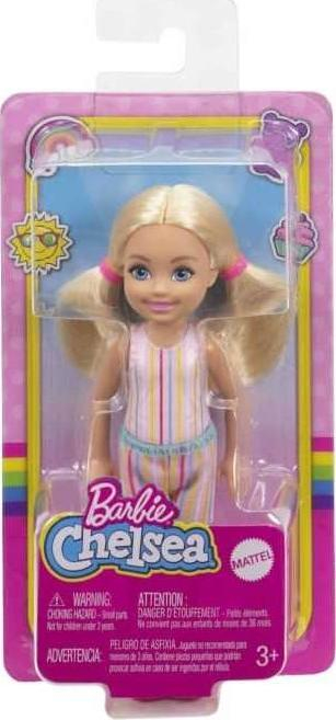 Kukull Barbie Chelsea Mattel, 15 cm, fustan me vija shumëngjyrëshe, atlete rozë