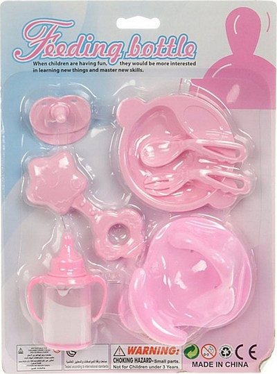 Set ushqimi për kukulla ADAR 552043, me biberon dhe enë, rozë