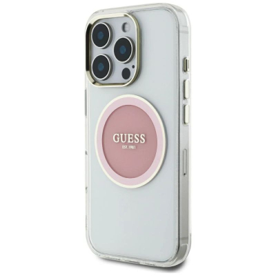 Футрола за телефон Guess IML Metal Colored Circle MagSafe, за iPhone 16 Pro Max, проѕирна, розова