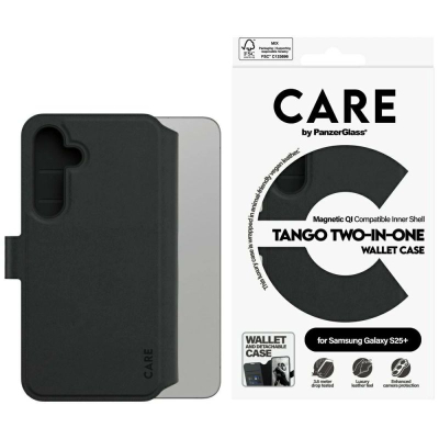 Këllëf telefoni CARE by PanzerGlass Tango, flip dy më një, portofol, për Samsung Galaxy S25+, i zi