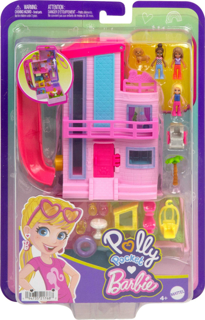 Shpi lodër kompakte Polly Pocket Barbie Dreamhouse, 3 mini kukulla, aksesore loje, rozë