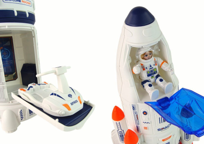 Set lodrash hapësinore Leantoys Space Rocket, raketë dhe makina, me astronautë, bardh e blu