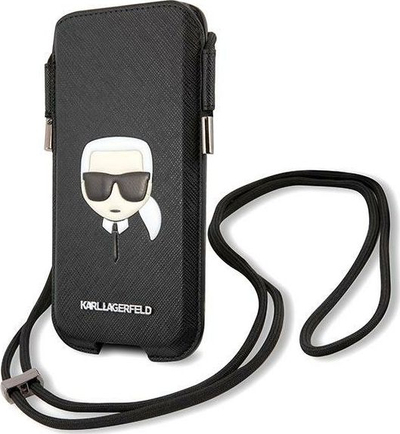 Торбичка за телефон Karl Lagerfeld Ikonik Saffiano, за iPhone 6.7\", со ремен, црна