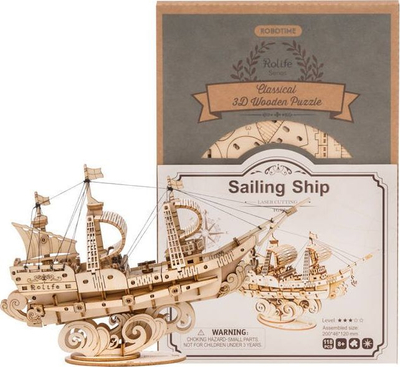 Puzzle 3D druri Robotime Rolife ROETG305 Sailing Ship, model anije lundruese, klasik, ngjyrë druri natyrale