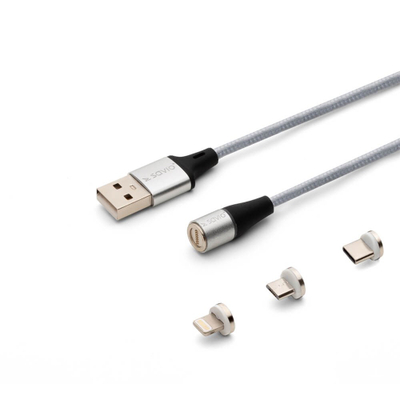 Kabllo USB Savio CL-156, USB A me USB C, Micro USB edhe Lightning, magnetike, 2m, ngjyrë argjendi