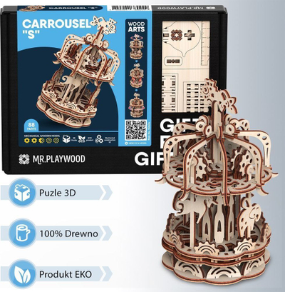Model mekanik druri Wise Elk Carousel Small, 88 copë, ngjyrë dru natyrale