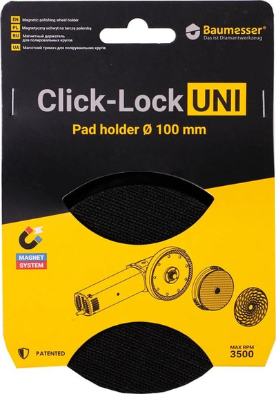 Mbajtëse pad lustruese Baumesser Click-Lock Uni, 100mm, sistem me grremça e pelush (hook and loop)
