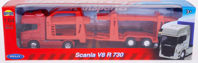 Lodër kamionçinë Welly Scania V8 R730, shkallë 1:64, kamion tërheqës, e kuqe