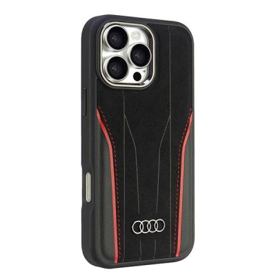 Mbulesë telefoni Audi me lëkurë origjinale, për iPhone 16 Pro Max 6.9", MagSafe, e zezë me të kuqe