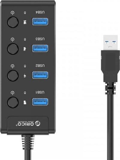 HUB USB Orico me 4 porta, USB 3.0, 5Gbps, me çelësa on/off, i zi