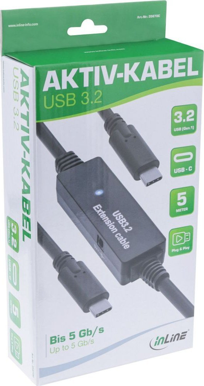 Kabllo aktive USB InLine USB 3.2 Gen1, 5 Gb/s, 15m, USB C në USB C, e zezë
