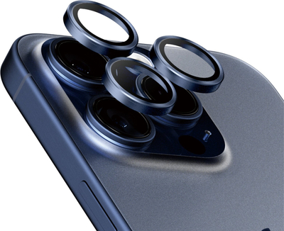 Mbrojtës kamere PanzerGlass Hoops iPhone 15 Pro Pro Max, xham i fortë, kornizë alumini, blu titanium