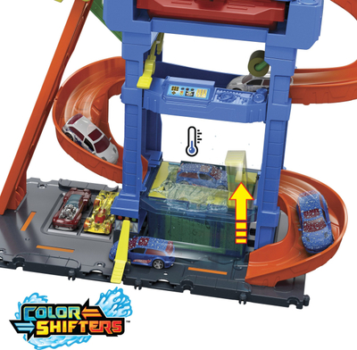 Set lojrash Mattel Hot Wheels City Tunnel Twist Car Wash, me Color Shifters, për kalamaj 3+