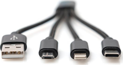 Kabllo USB 3 në 1 Digitus DB-300160-002-S, USB A në USB C Lightning microUSB, 15cm, najlon i gërshetuar