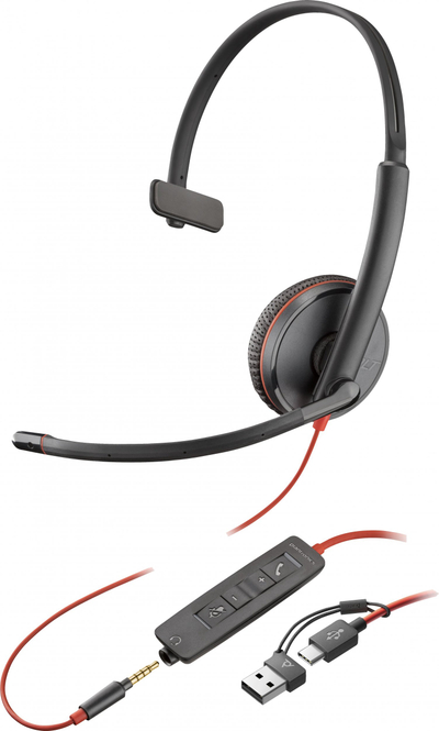 Kufje me mikrofon Poly Blackwire 3215, me kabllo USB dhe 3.5mm, me heqje zhurme, të zeza