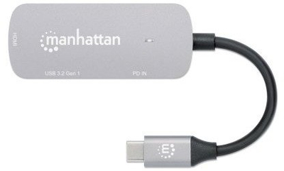 Adapter USB C Manhattan 3 në 1, HDMI 4K, USB A dhe USB C Power Delivery 100W, gri