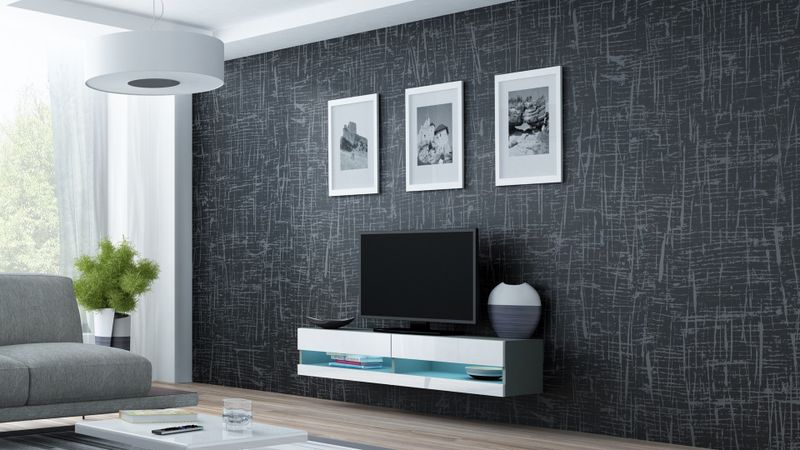 Komodinë TV Cama VIGO NEW, 140cm, MDF, gri bardhë me shkëlqim