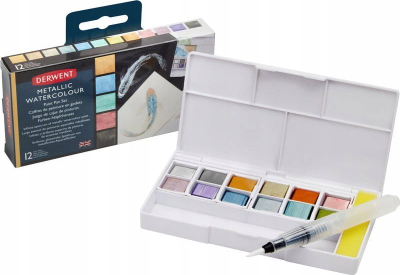 Set bojërash uji Derwent Metallic Watercolour, 12 half pans, metalike, në kuti plastike të bardhë