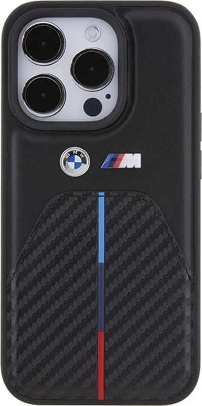 Kapotë telefoni BMW Stamped Tricolour Stripe për iPhone 15 Pro 6.1", mbrojtëse, e zezë