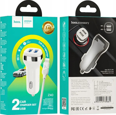 Karikues makine Hoco Z40, 2x USB, me kabllo Lightning 1m, i bardhë