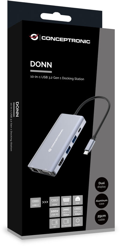 Docking station Conceptronic DONN20G, USB 3.2 Type C, 100W PD, gri