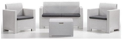 Set kopshti Nebraska, 1 divan me 2 vende, 2 karrike, 1 tavolinë kafeje, plastik ratan, e bardhë me jastëkë gri