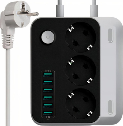 Prizë zgjatëse me 3 dalje dhe 6 porta USB, 1.8m, 2500W, e bardhë