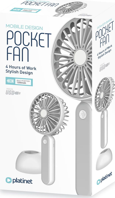 Ventilator i vogël portativ Platinet Pocket Fan, bateri 1200 mAh, karikim me micro USB, gri me të bardhë