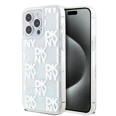 Mbrojtëse telefoni DKNY Liquid Glitter Multilogo për iPhone 15 Pro Max 6.7", hardcase, e bardhë
